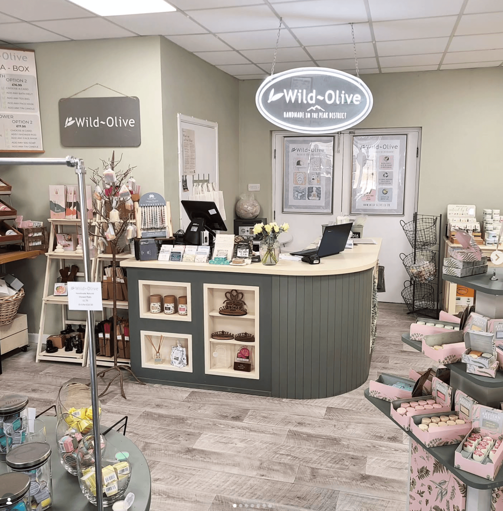 Wild Olive skincare on display in their shop