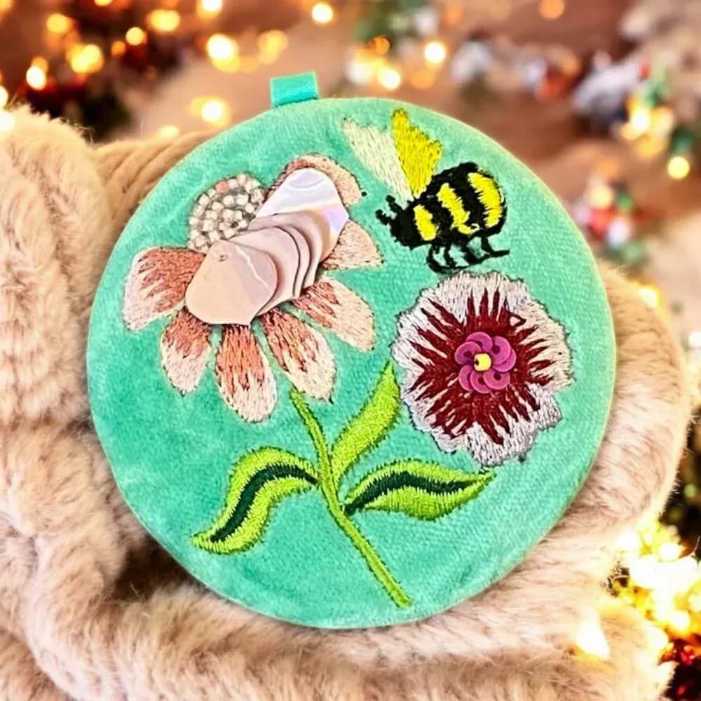 Hand Embroidered Floral Velvet Compact Mirrors