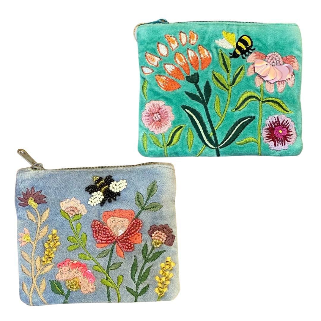 Embroidered Cotton Velvet Coin Purse — Bees & Flowers by At Home in the Country