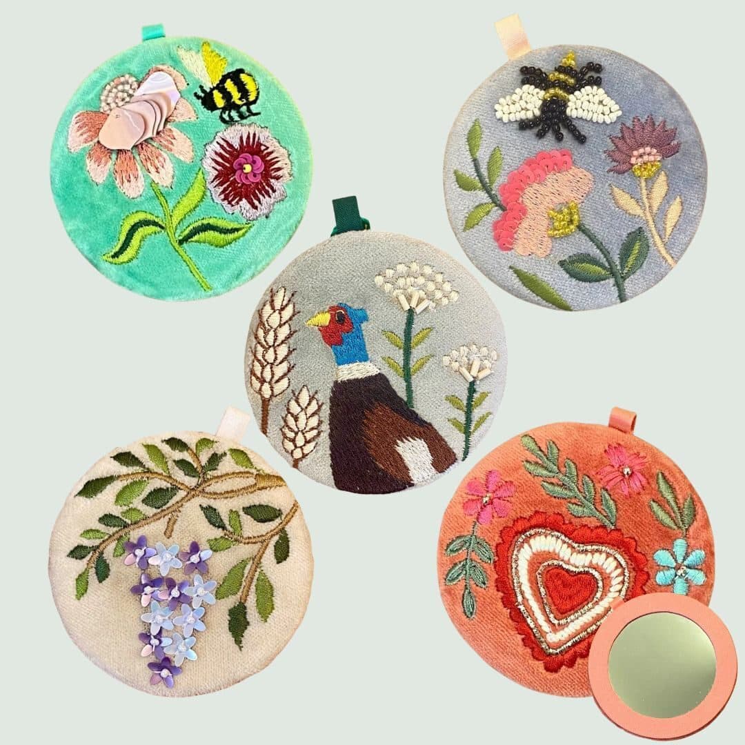 Hand Embroidered Floral Velvet Compact Mirrors