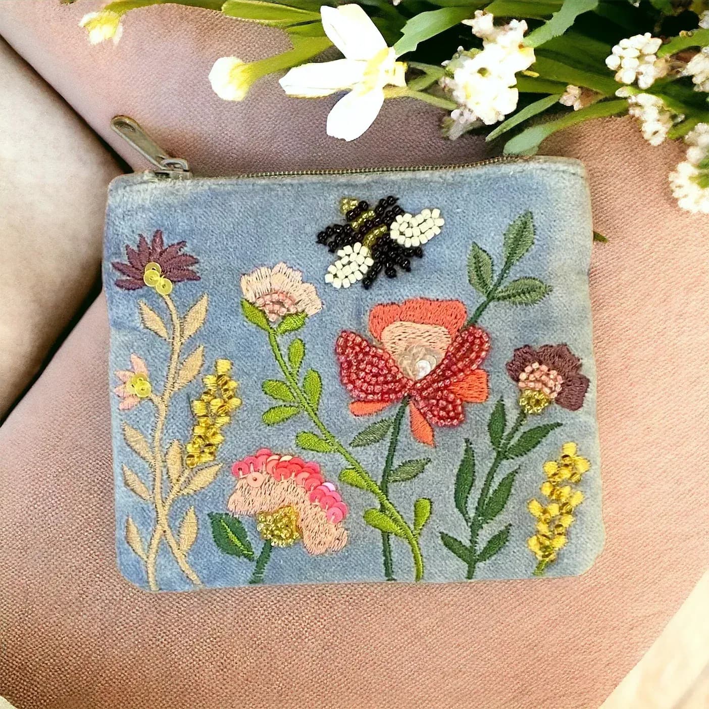 Embroidered Cotton Velvet Coin Purse — Bees & Flowers by At Home in the Country