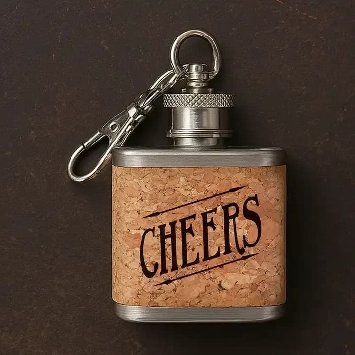 'Cheers' Mini Hip Flask Keyring with Natural Cork Wrap