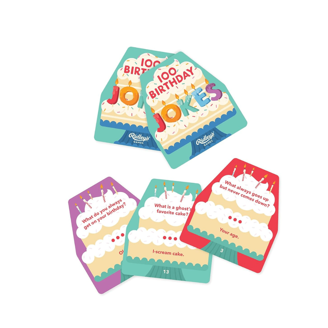 100 Birthday Jokes by Ridleys Games – Cheeky Puns and Sweet Silliness in a Cake-Shaped Box