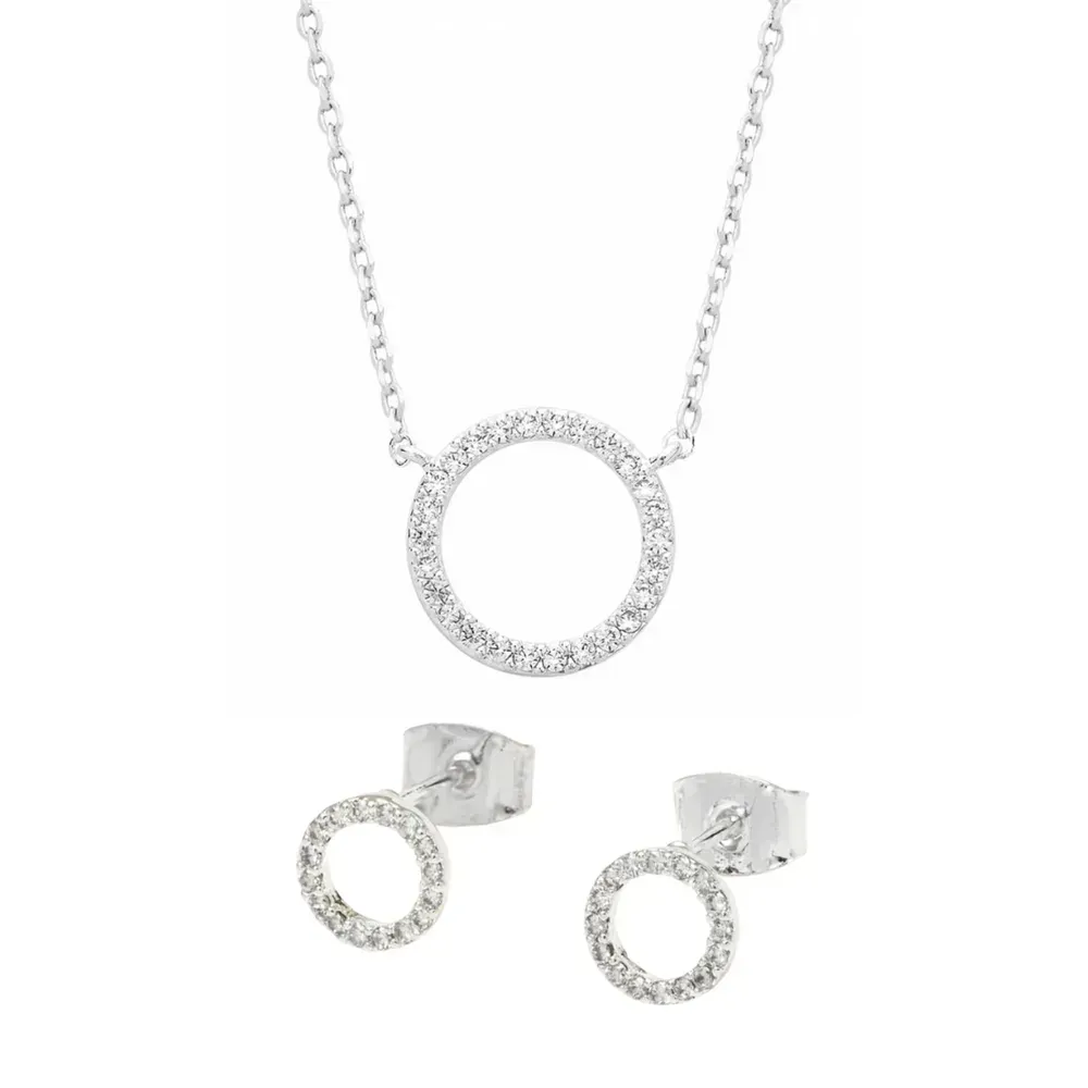 Estella Bartlett CZ Circle Necklace & Matching Earrings Set - Silver Plated