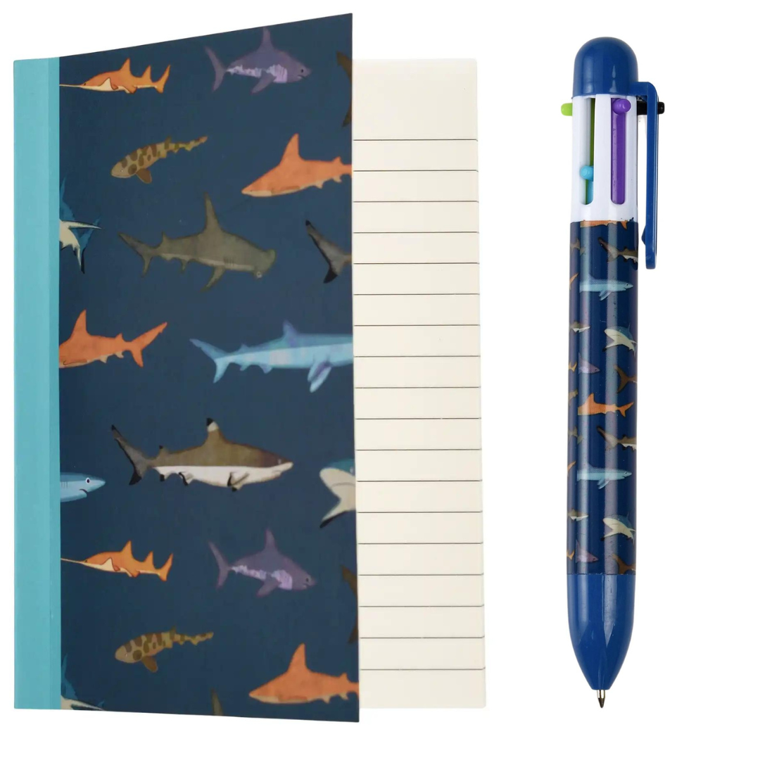 A6 Notepad and 6-in-1 retractable coloured pen set: Sharks