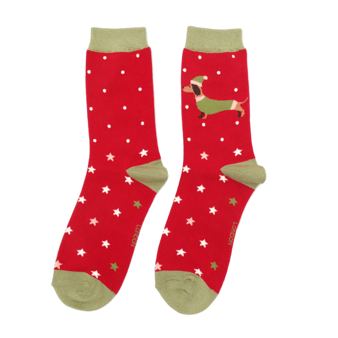 Miss Sparrow Bamboo Socks - Festive Sausage Dogs (size 4-7)