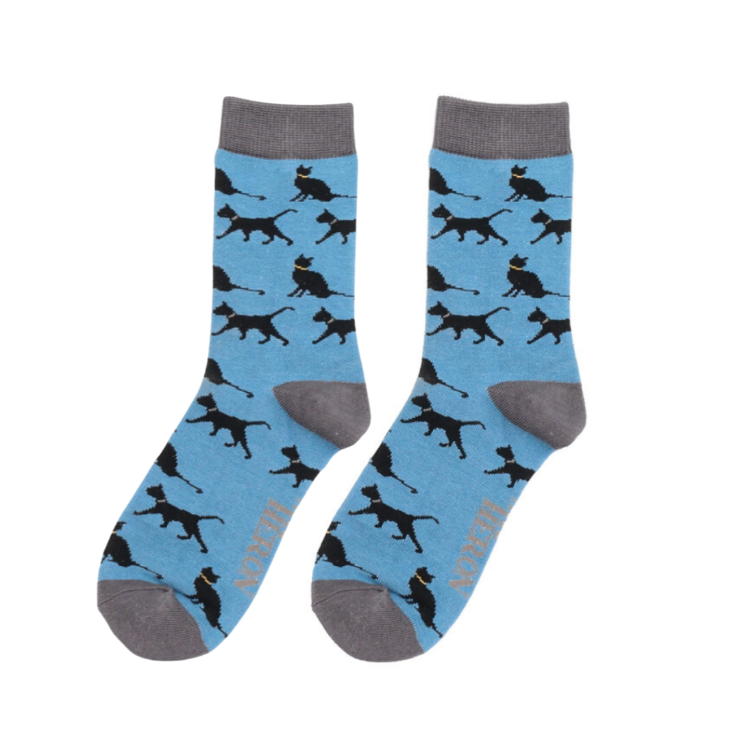 Little Mr Heron Socks - Lucky Cats in Blue 7-9 Yrs