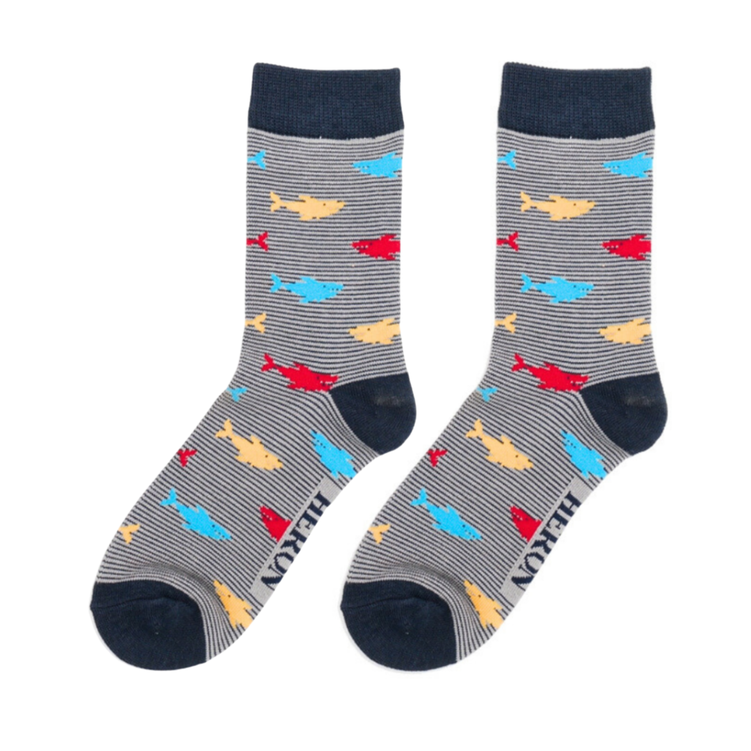 Little Mr Heron Socks - Sharks in Grey 7-9 Yrs