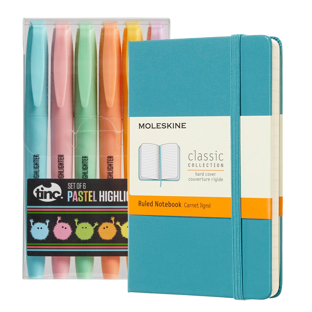 Reef Blue A6 Moleskine Notebook and 6-pack of highlighter pens